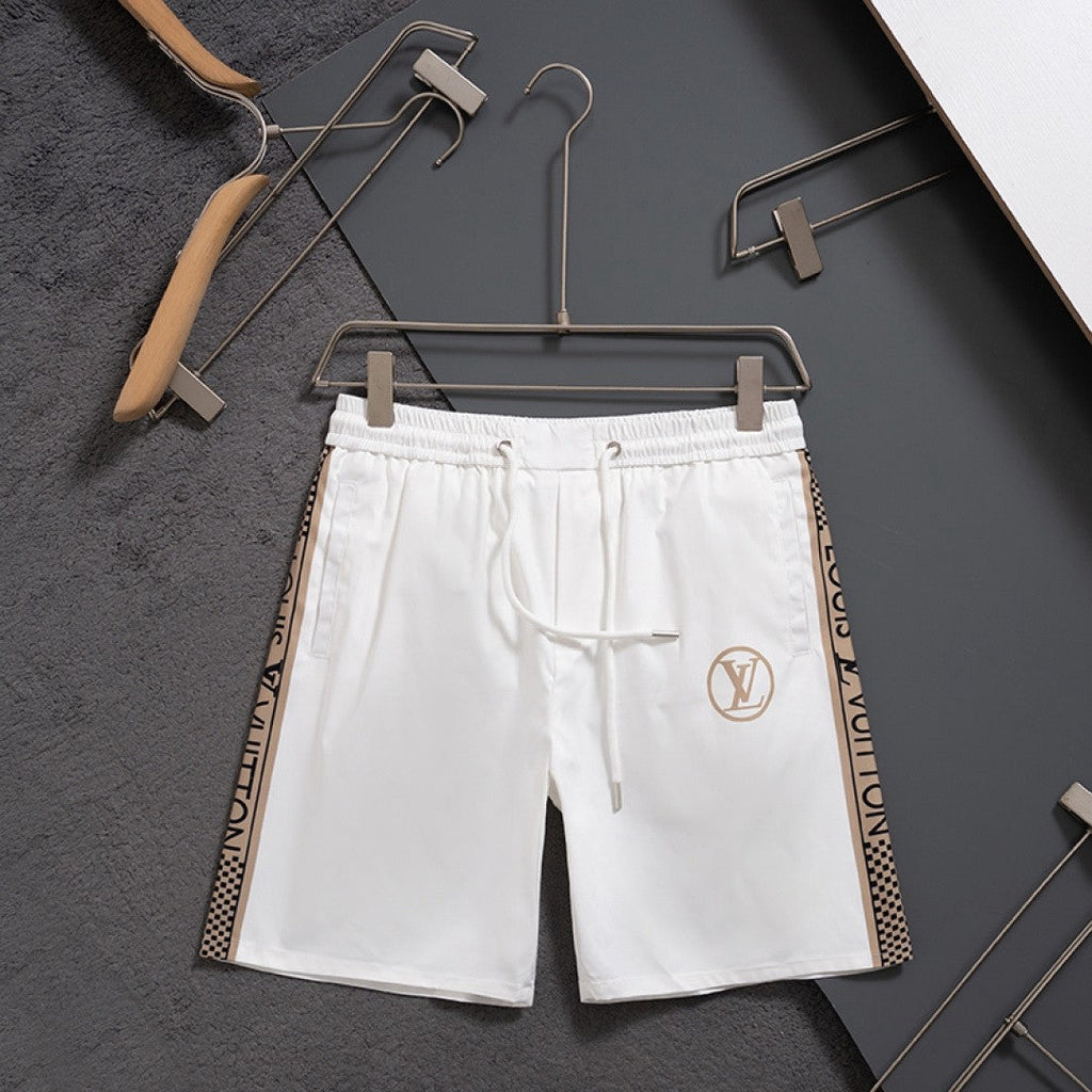 LV Inspired Men's Quick-Dry Beach Shorts with Logo Tape Side Stripes